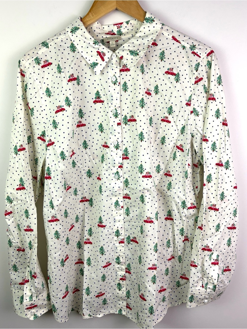 Talbots 100% cotton White Holiday Print Button-Down Shirt size XL